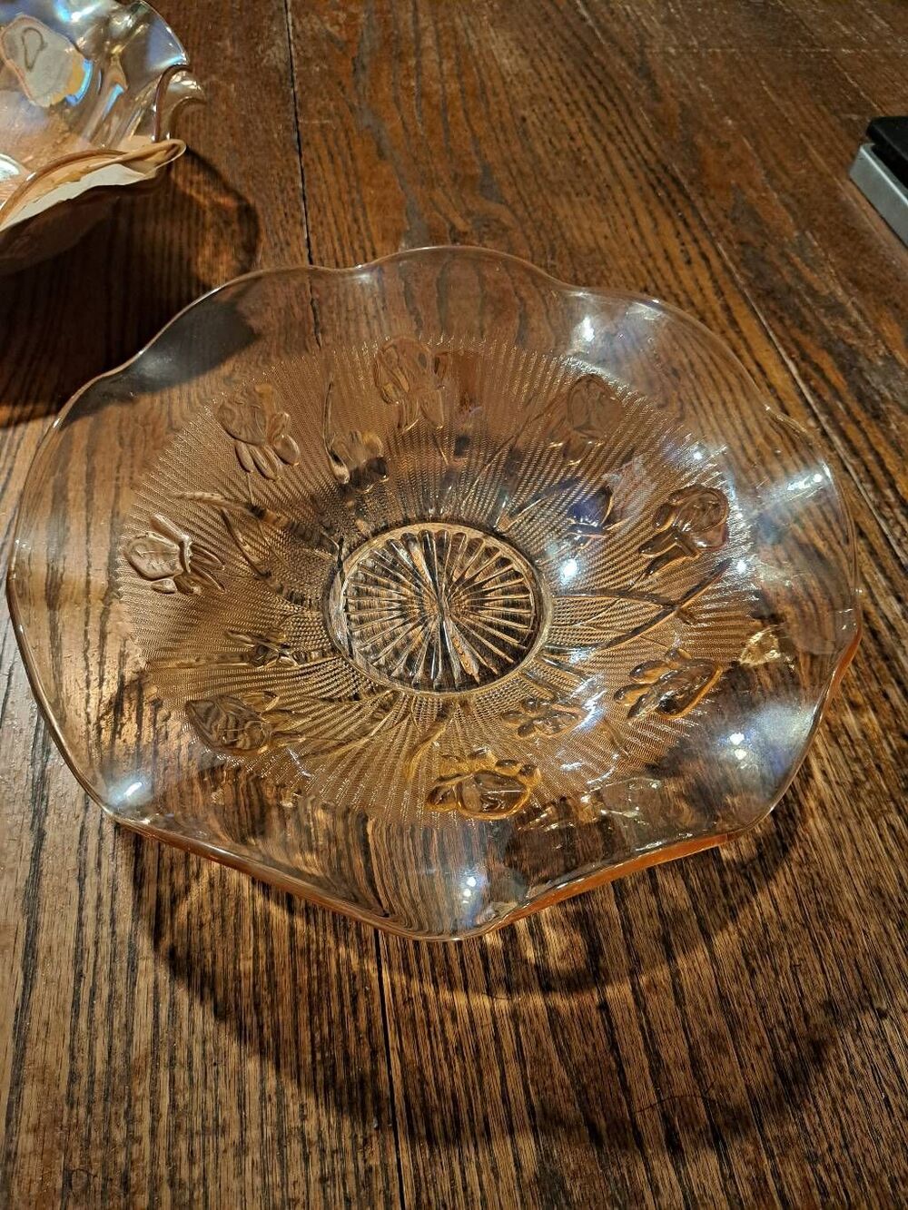 Vintage Jeanette Iris Herringbone Marigold Carnival Glass Ruffled Serving Bowl